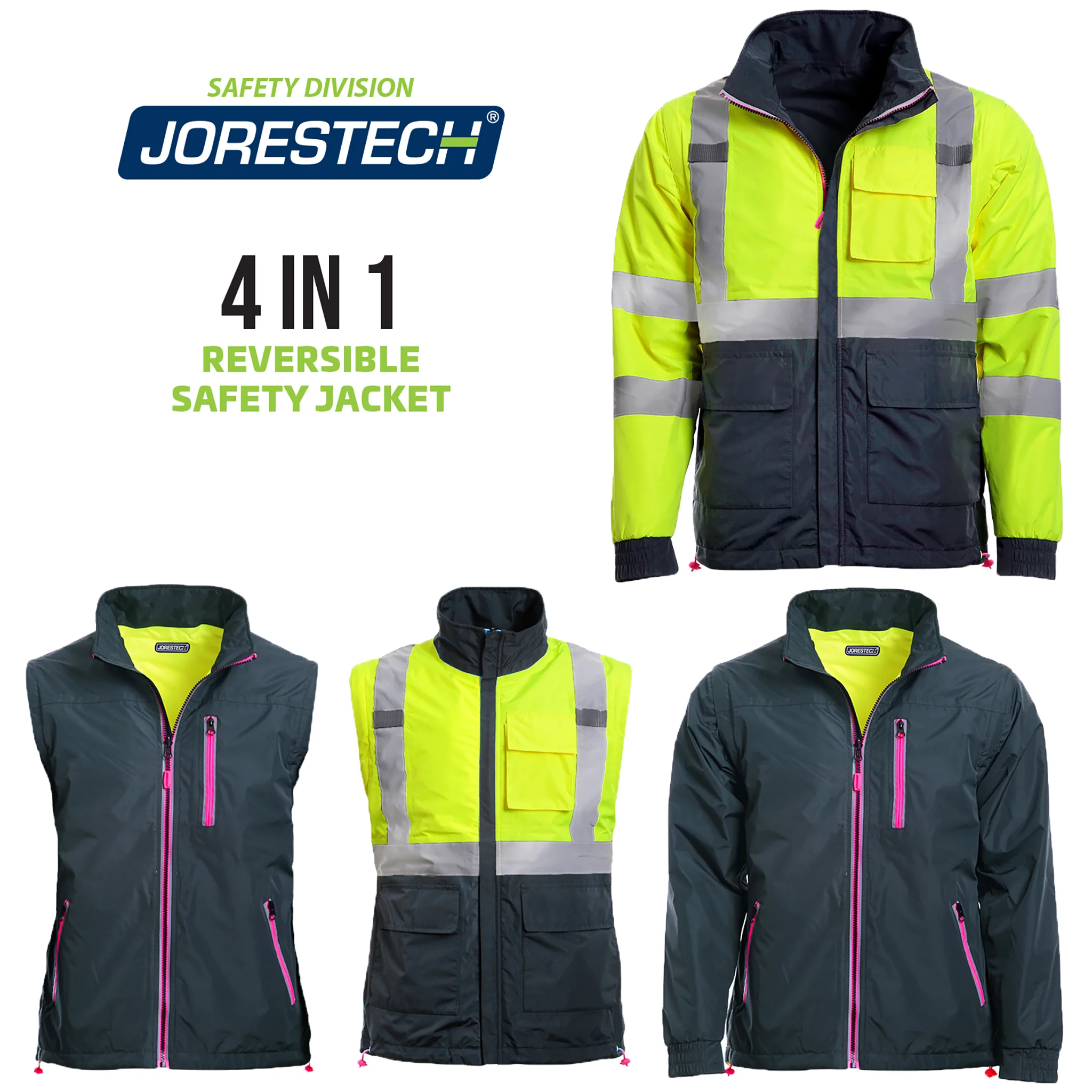 4 in 1 Hi-Vis Reversible Safety Jacket with Removable Sleeves - PinkFit Collection - Image 3