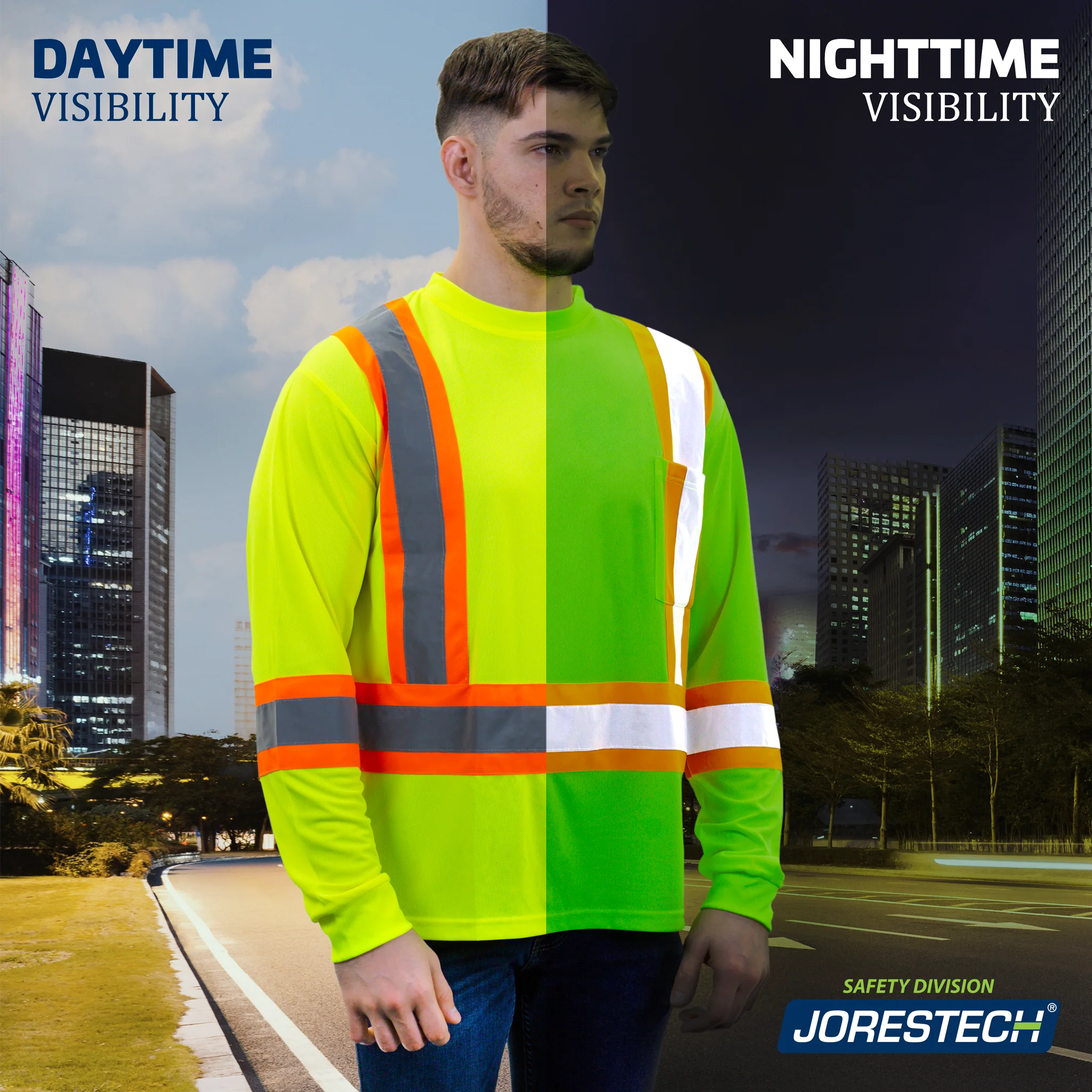 High Vis Orange Shirt | Two-Tone Reflective Long Sleeve in Orange, Lime, Black - Image 8