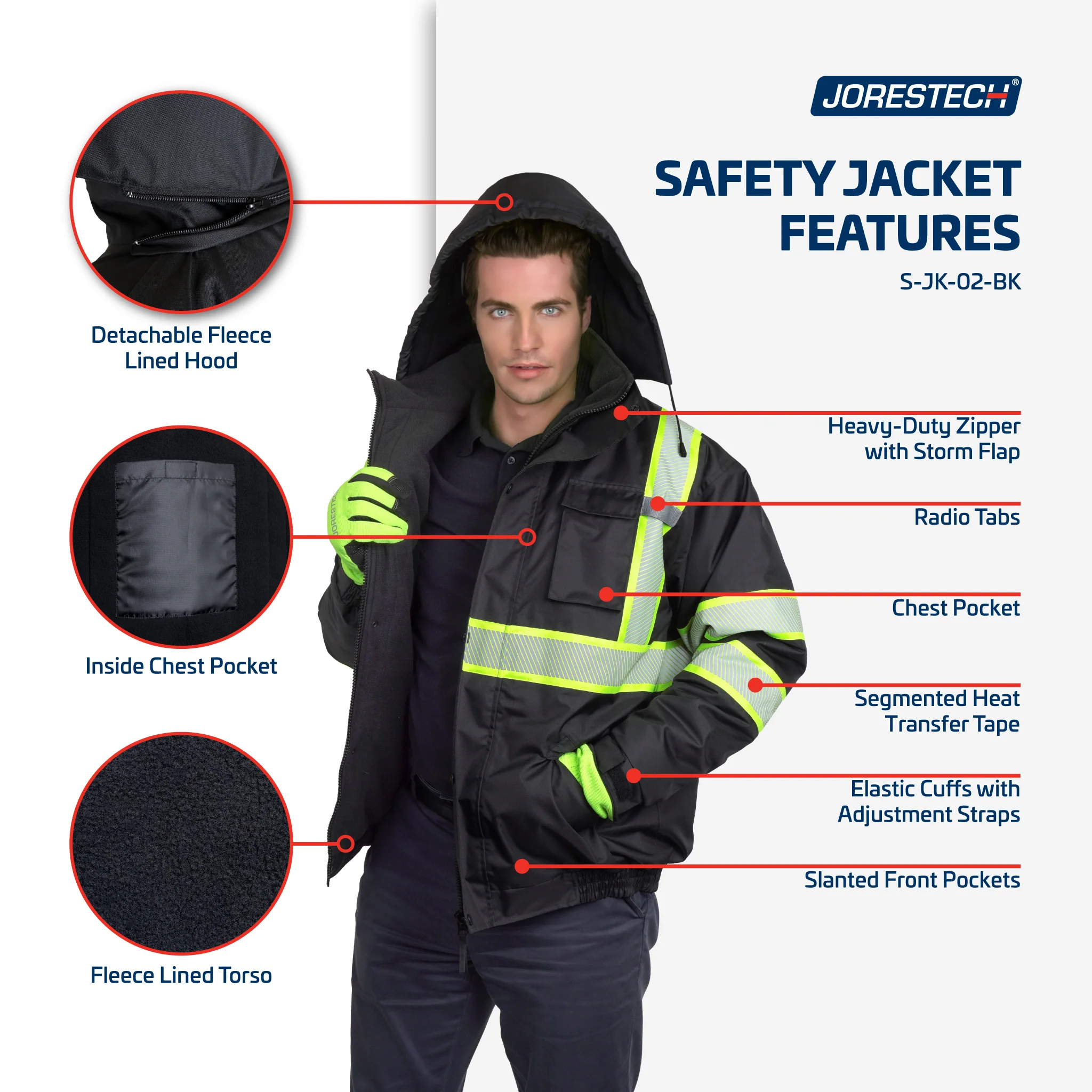 Hi-Vis Safety Jacket with Heat-Transfer Reflective Tapes and Removable Hood - Image 5