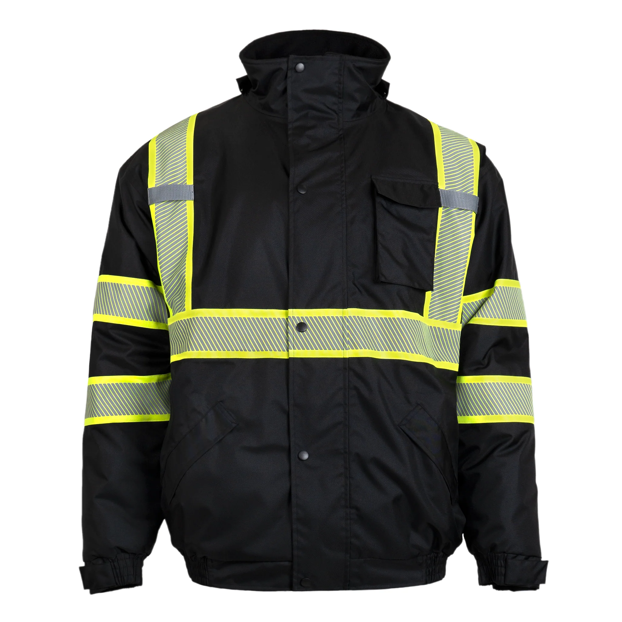 Hi-Vis Safety Jacket with Heat-Transfer Reflective Tapes and Removable Hood - Image 9