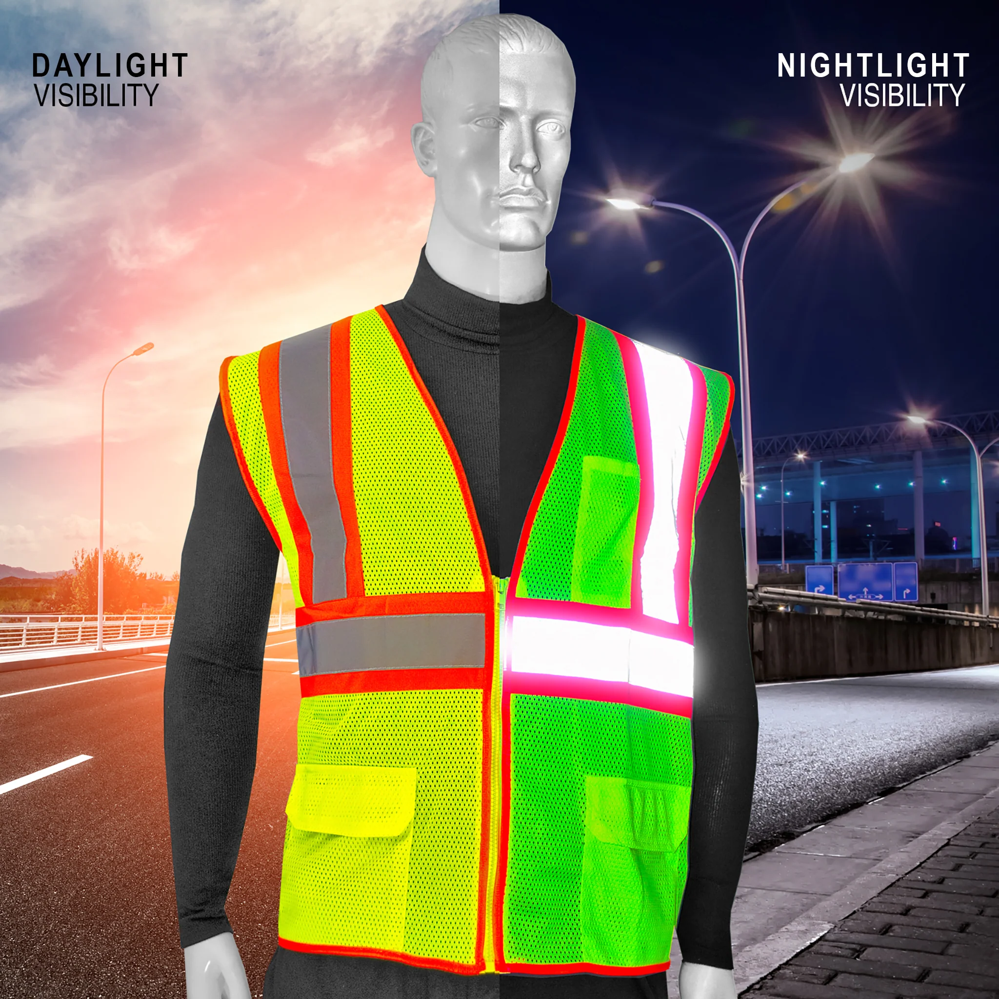 Hi-Vis Two Toned Mesh Safety Vest with 2” Reflective Strips and Pockets - Image 7