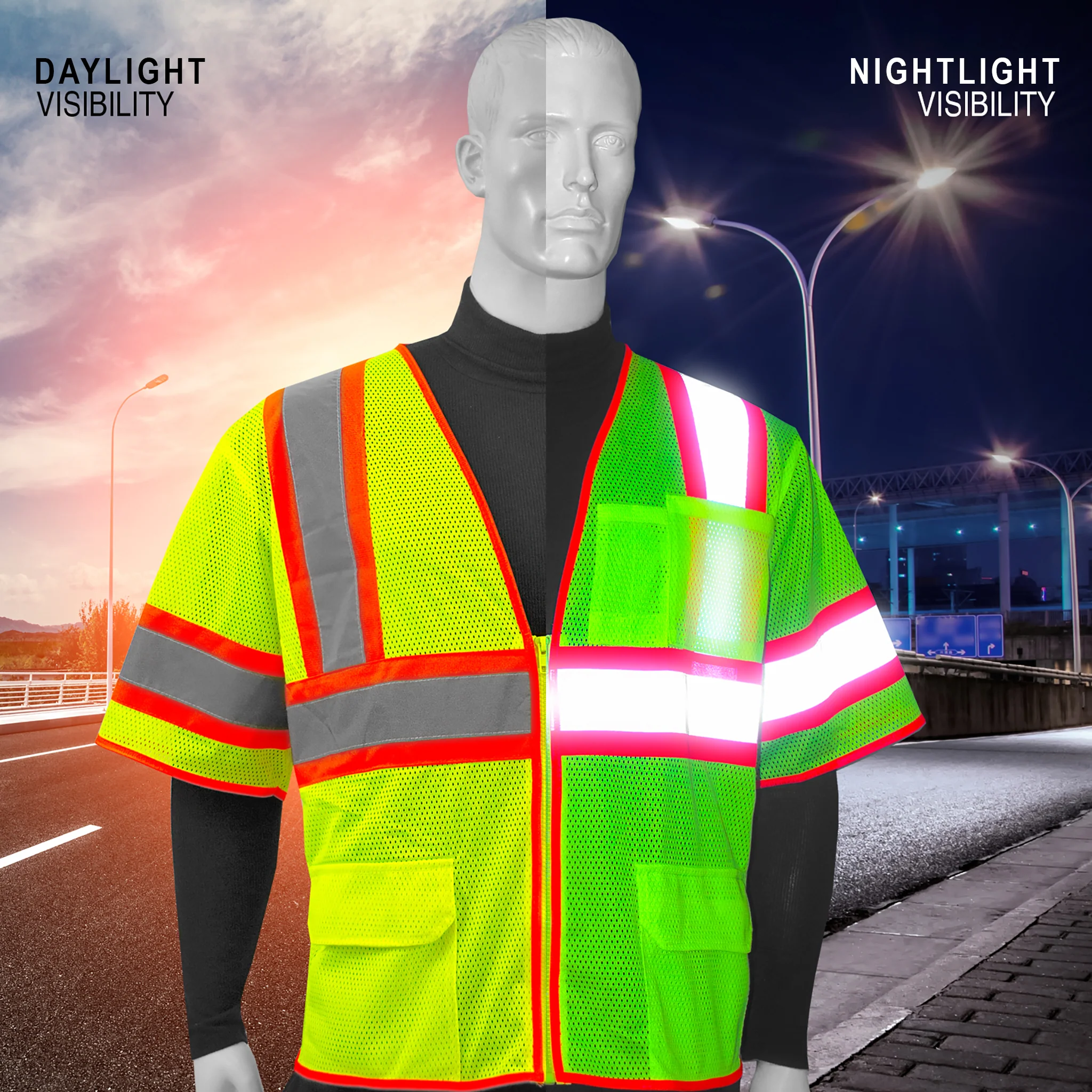 Hi-Vis Two Toned Mesh Sleeved Safety Vest with 2” Reflective Strips and Pockets - Image 9
