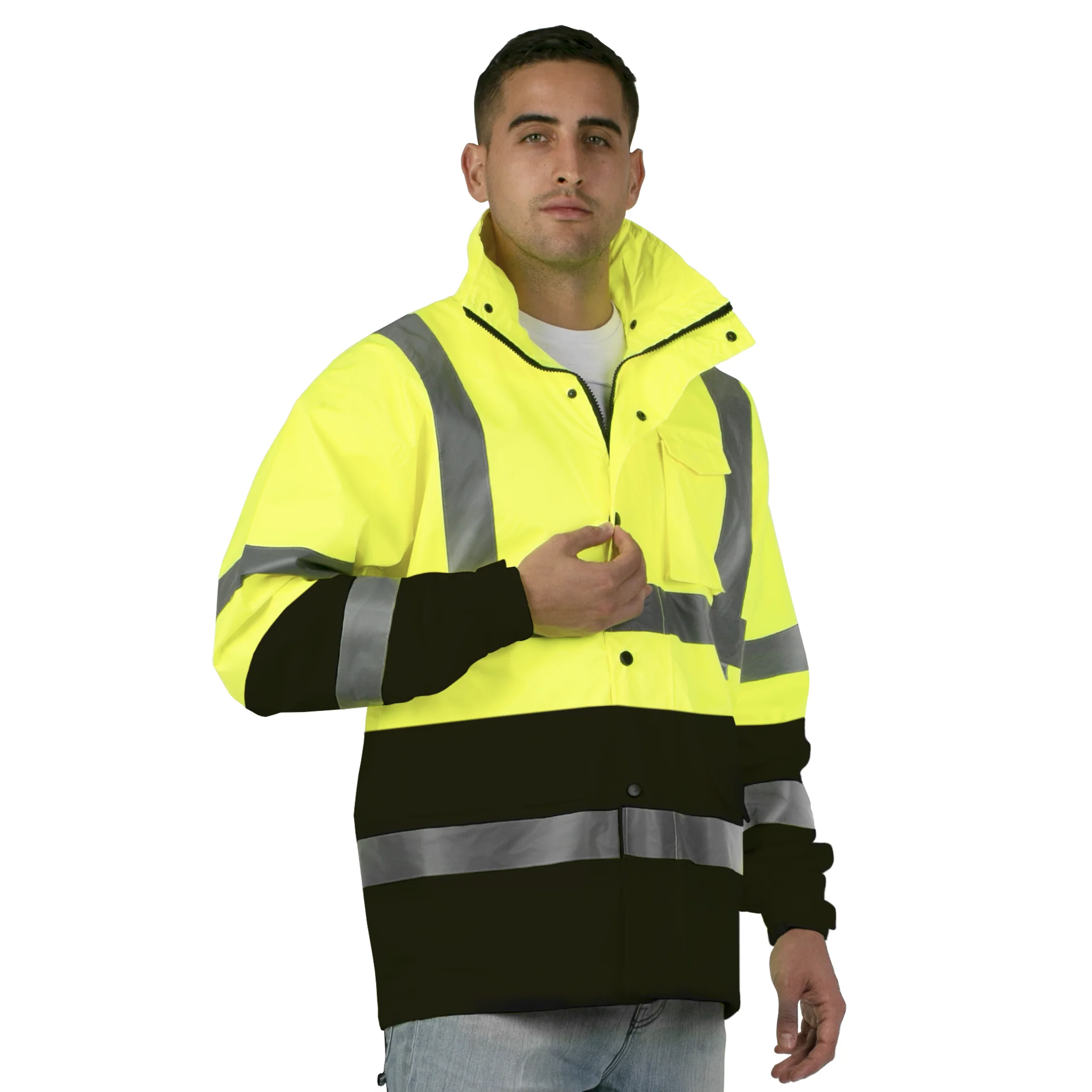 Hi-Vis Yellow/Black Rain Jacket with 2" Reflective Strips - Image 4