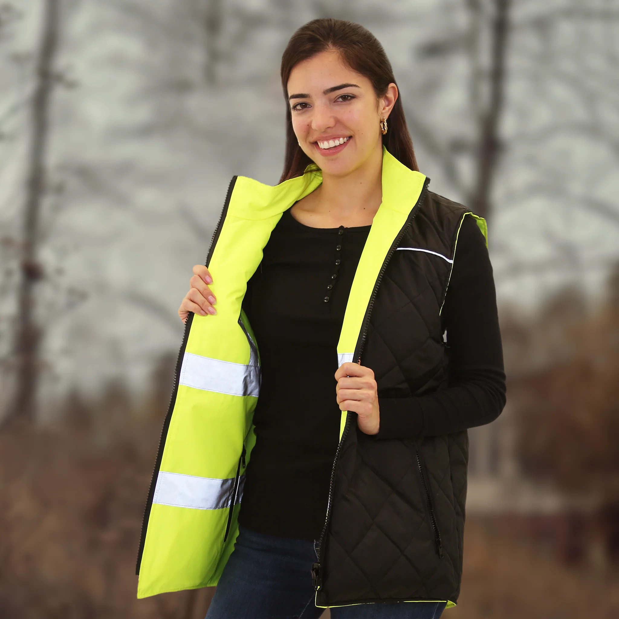 Hi-Vis Yellow/Black Reversible Insulated Safety Vest with Reflective Strips - Image 10