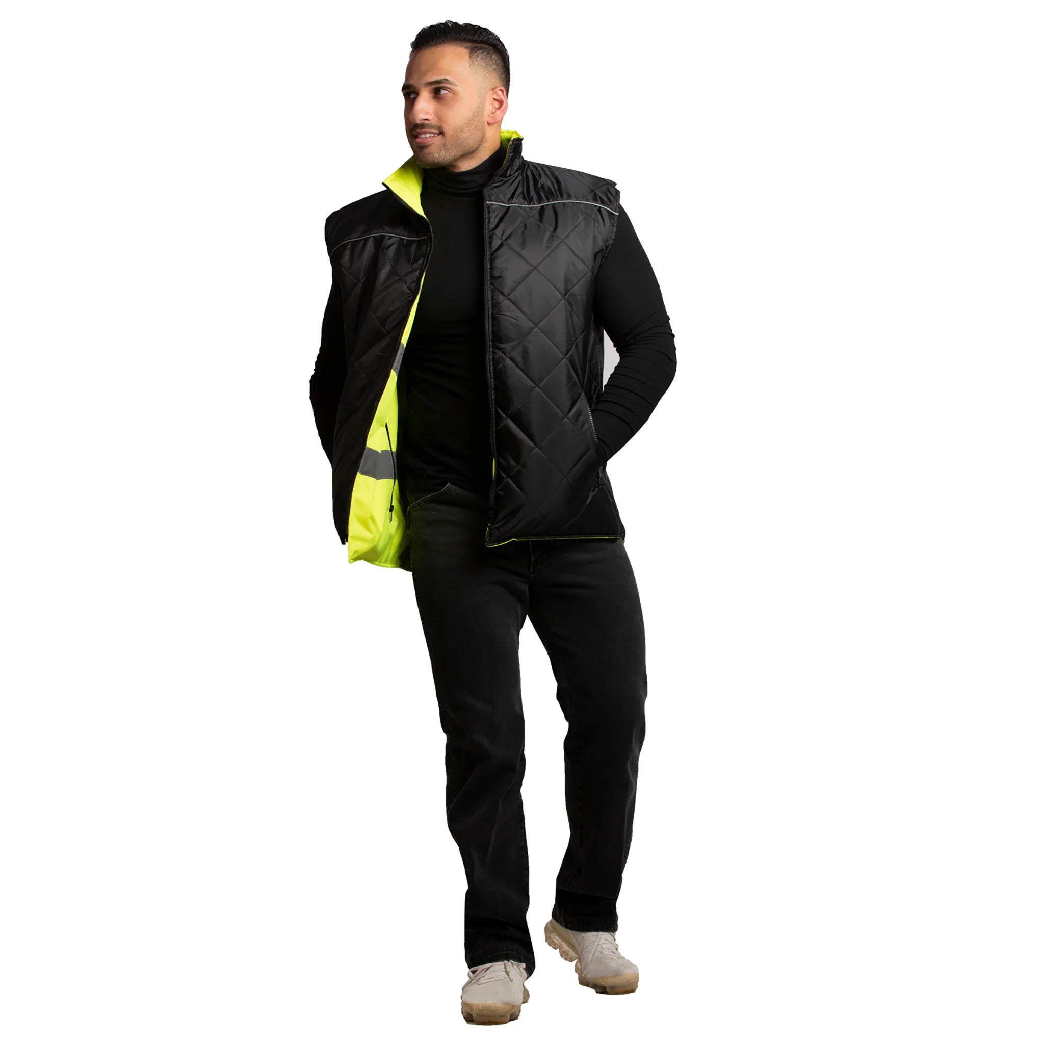 Hi-Vis Yellow/Black Reversible Insulated Safety Vest with Reflective Strips - Image 12