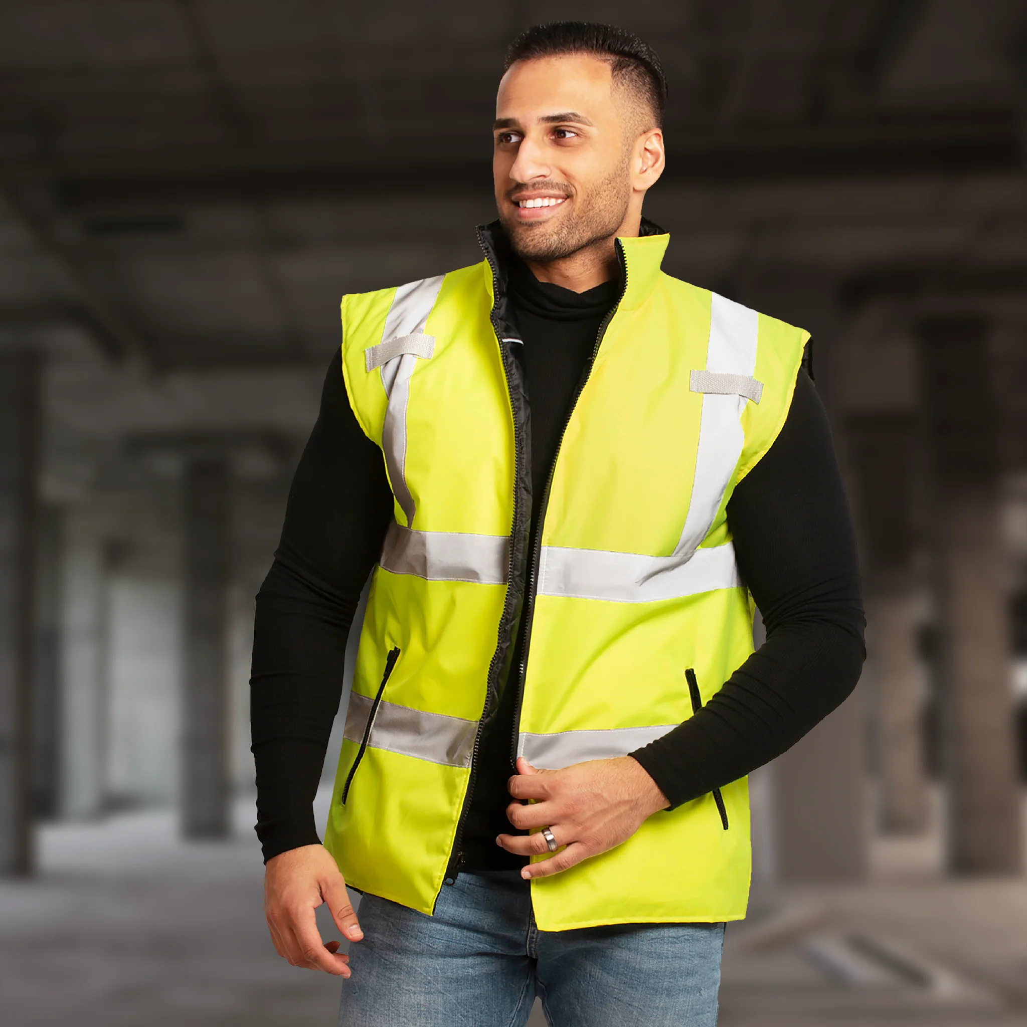 Hi-Vis Yellow/Black Reversible Insulated Safety Vest with Reflective Strips - Image 6