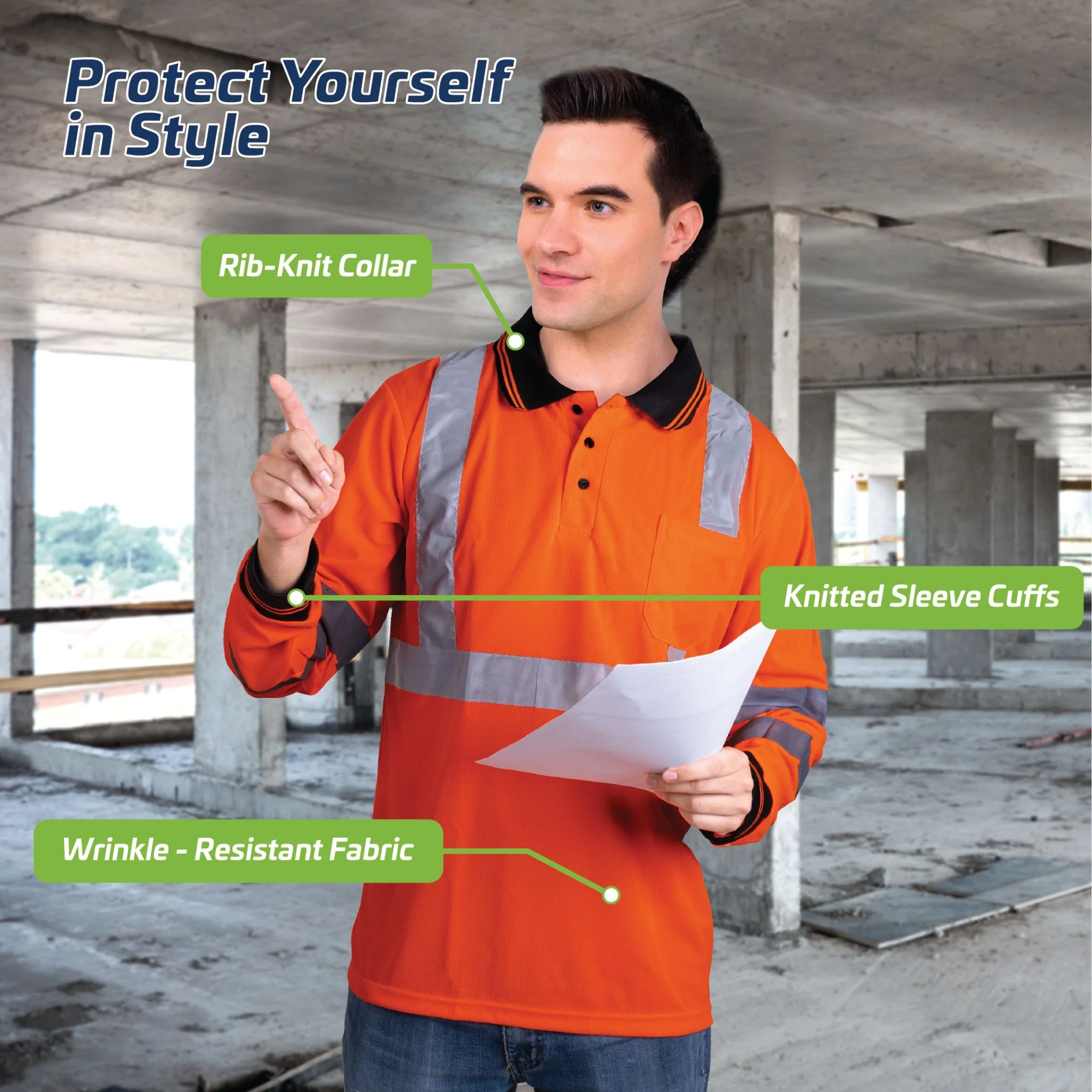 High Vis Reflective Safety Long Sleeve Polo Shirt - Image 13