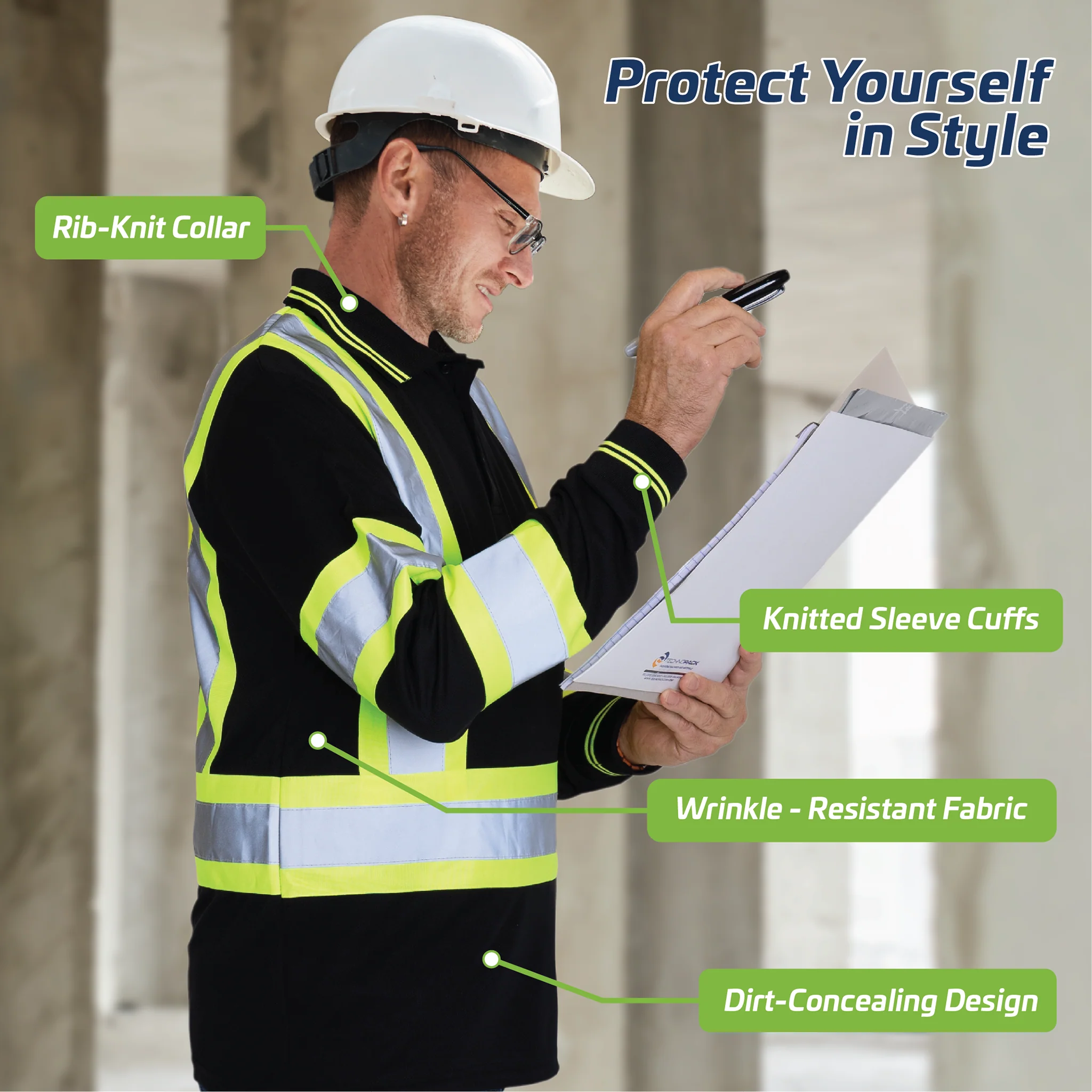 High Vis Reflective Safety Long Sleeve Polo Shirt - Image 5