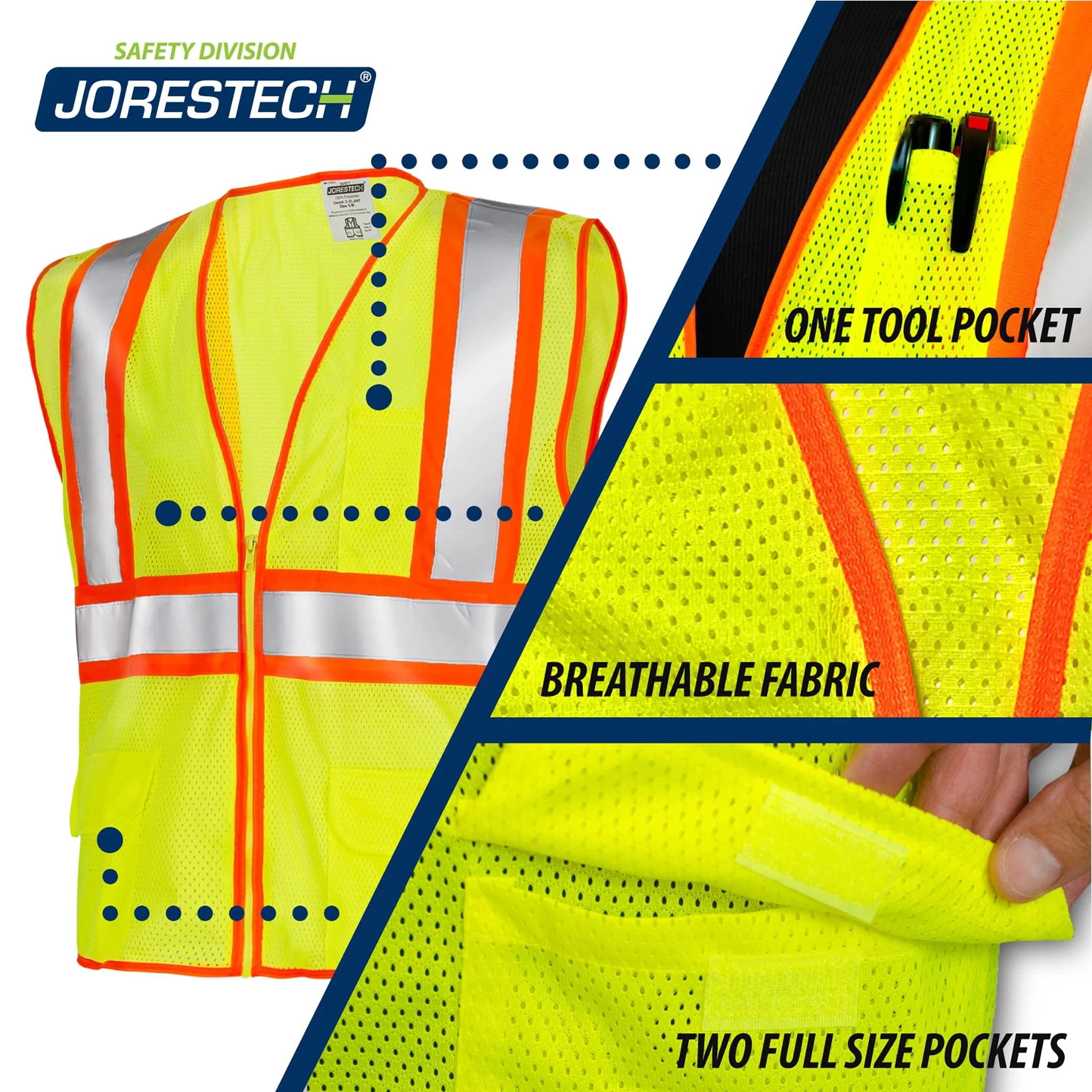 Printed Hi-Vis Two Toned Mesh Safety Vest with 2” Reflective Strips and Pockets - Lime - Image 7