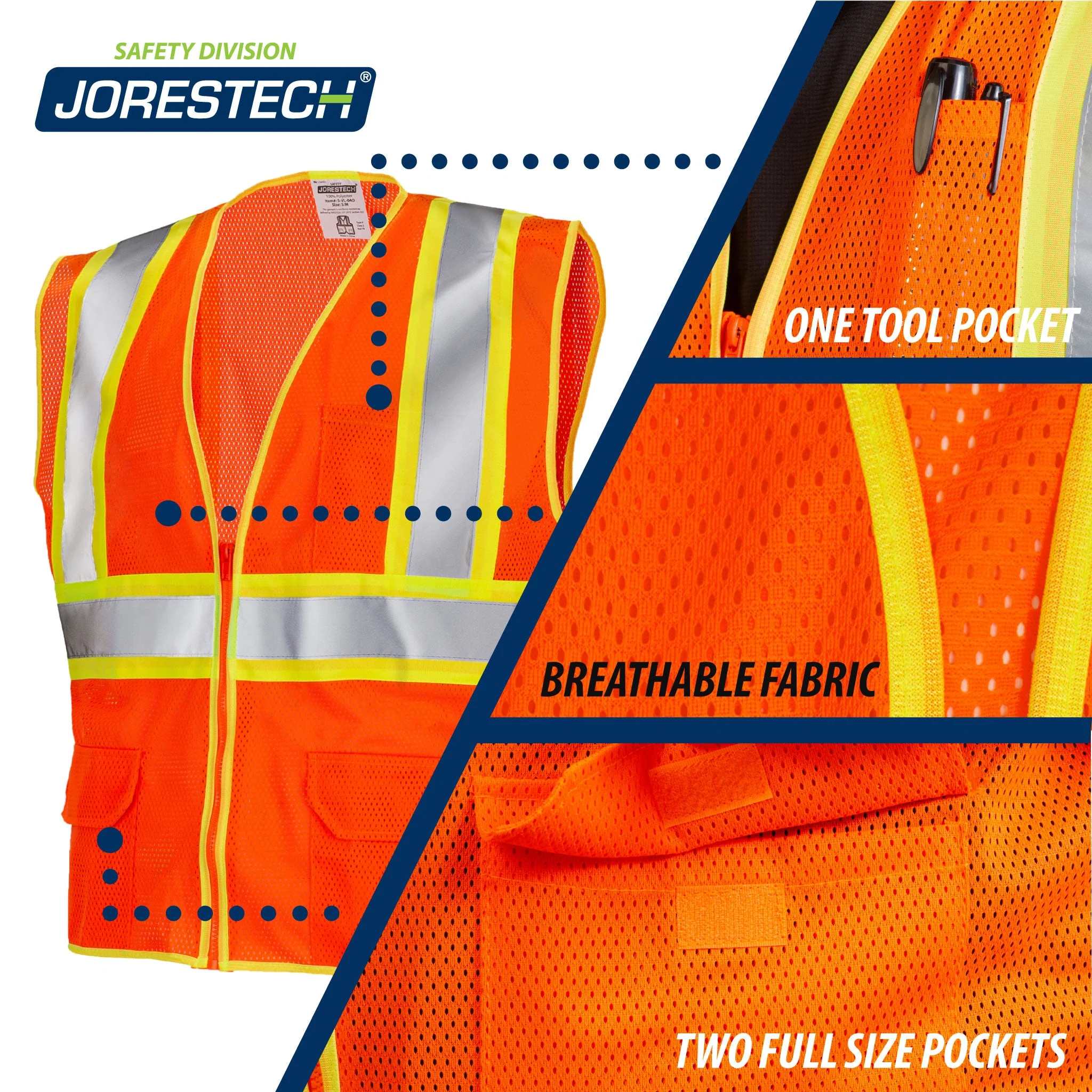 Printed Hi-Vis Two Toned Mesh Safety Vest with 2” Reflective Strips and Pockets - Orange - Image 4